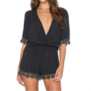 Revolve Blue Life Boho Romper Surplice Neck Crochet Lace Black Size Small